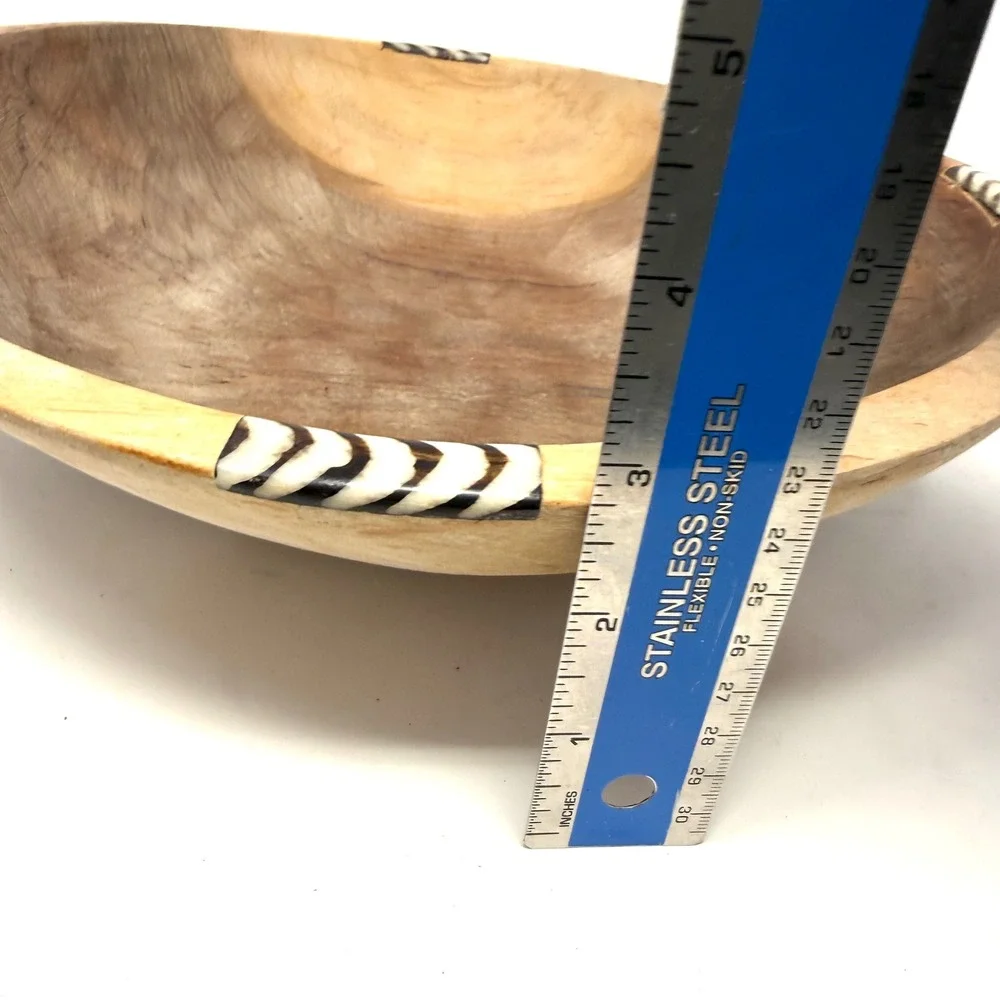 Hand Carved Wooden Bowl with Zebra Pattern Bone Inlay Tribal Boho Decor 11.5 x3